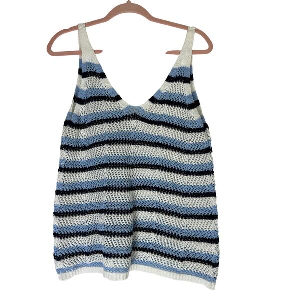 obu Blue & White Stripe V-neck Cotton Crochet Open Knit Summer Tank Top Size M - Picture 4 of 8
